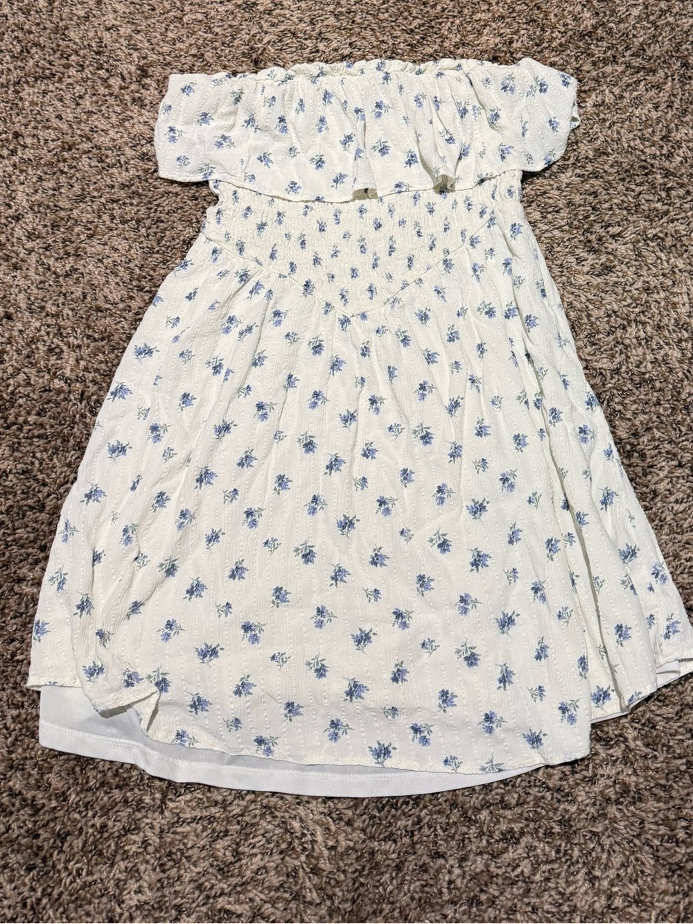 Off-Shoulder White Dress with Blue Floral Print for Kids